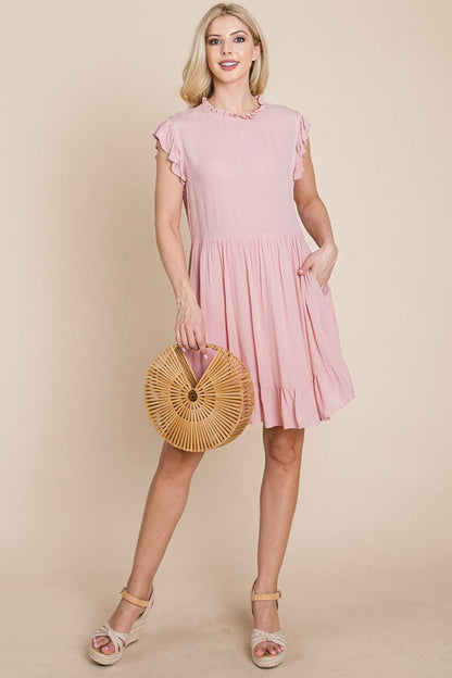 Ruffled Sleeveless Babydoll Dress With Pockets
