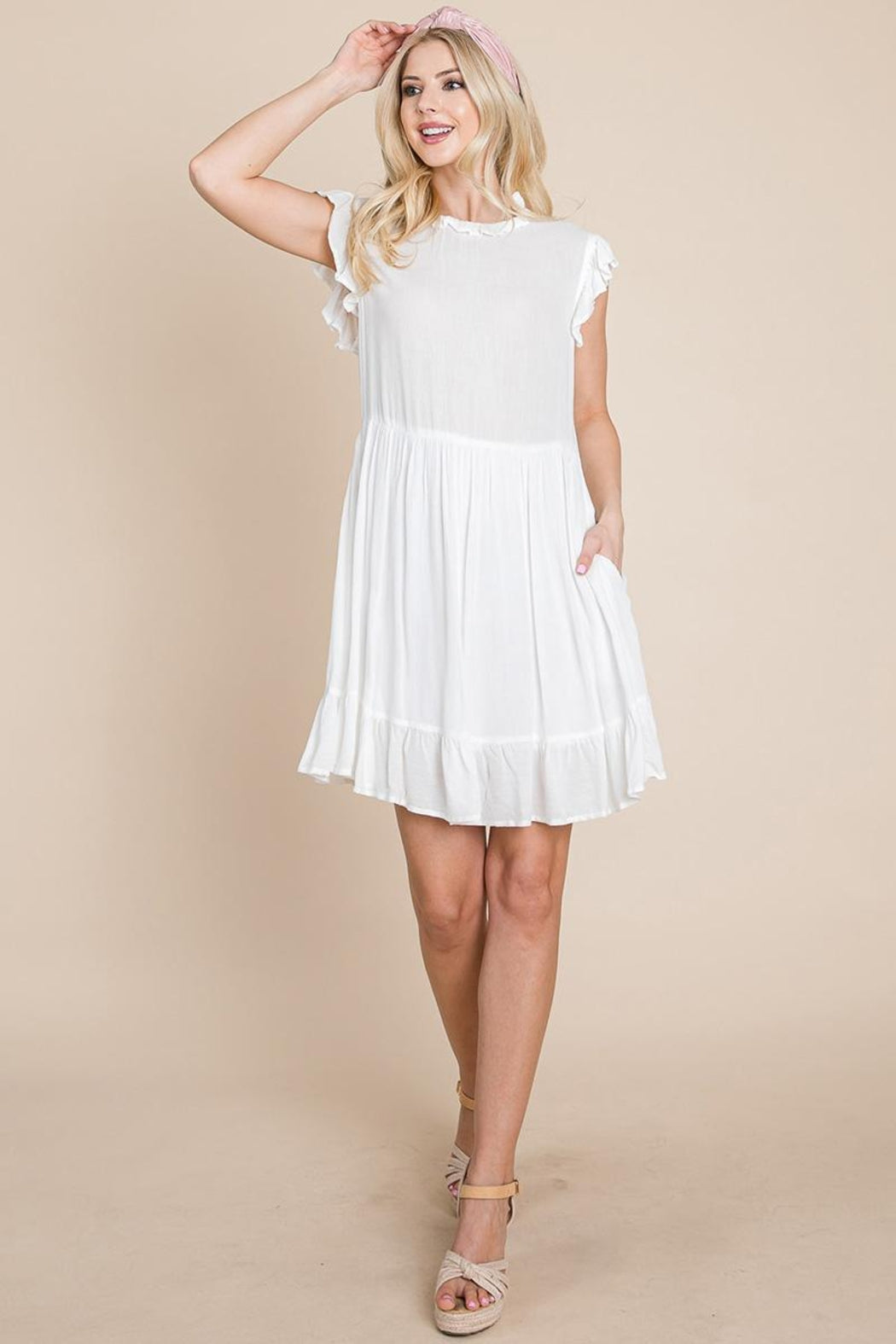 Ruffled Sleeveless Babydoll Dress With Pockets