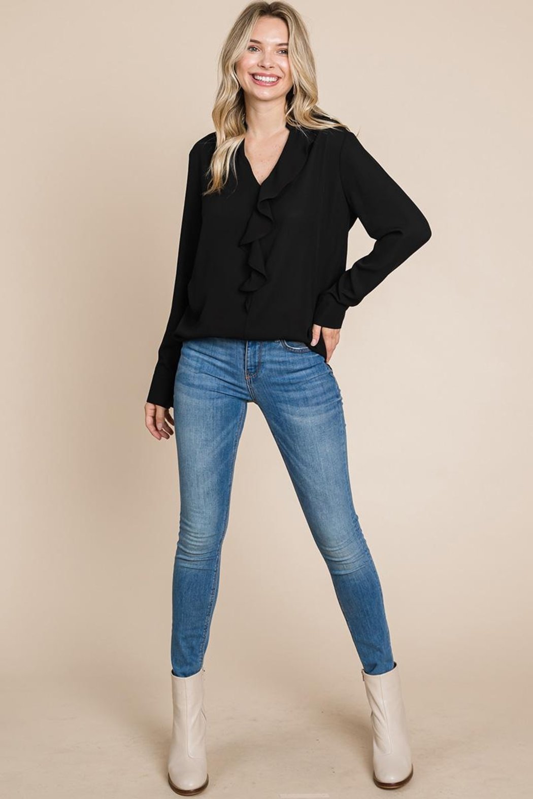 Ruffled V Neck Long Sleeve Blouse Tops