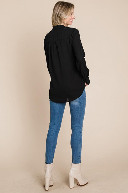 Ruffled V Neck Long Sleeve Blouse Tops