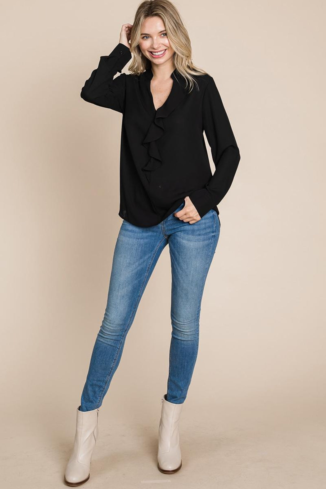 Ruffled V Neck Long Sleeve Blouse Tops