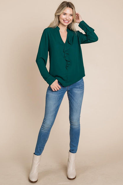Ruffled V Neck Long Sleeve Blouse Tops