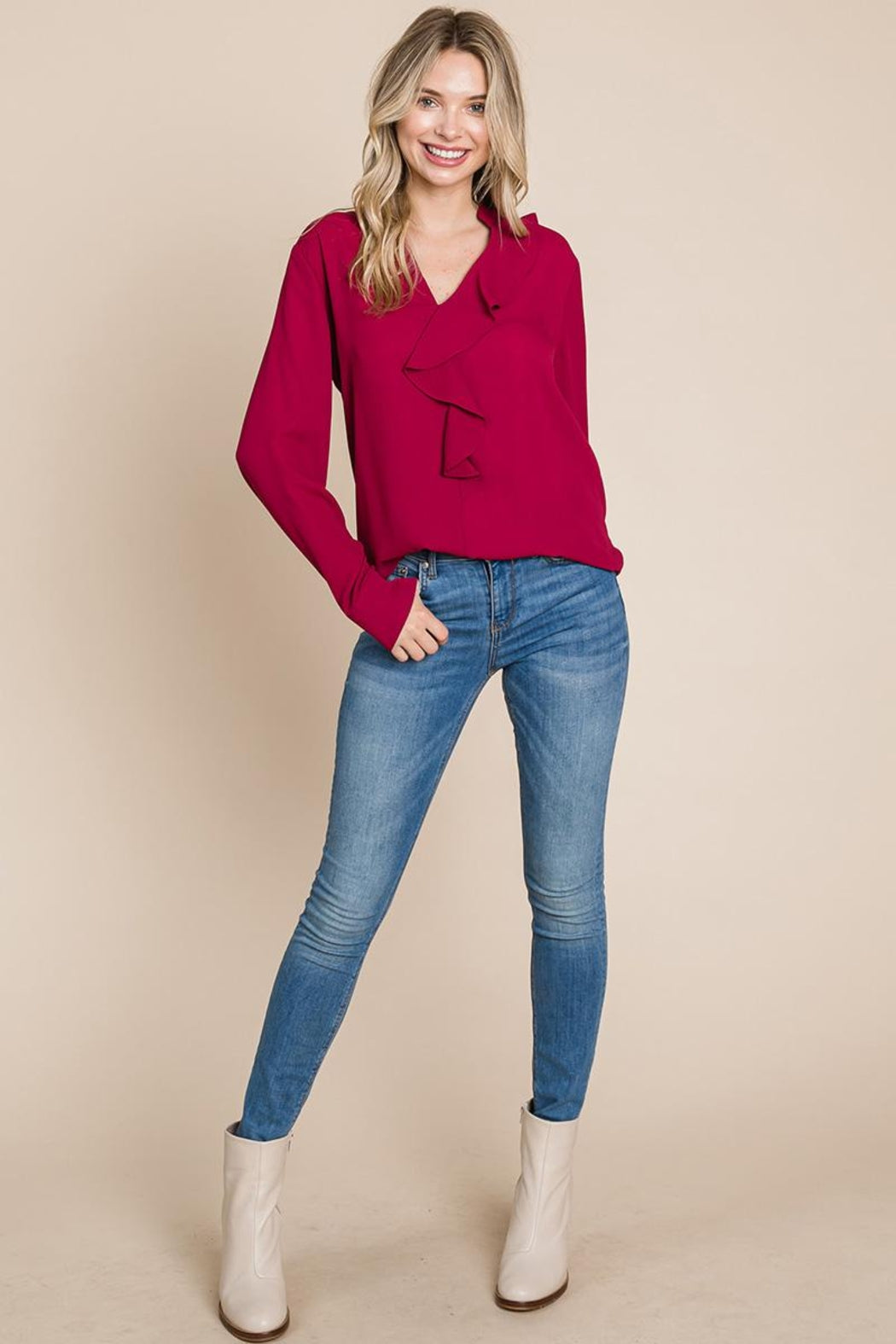 Ruffled V Neck Long Sleeve Blouse Tops