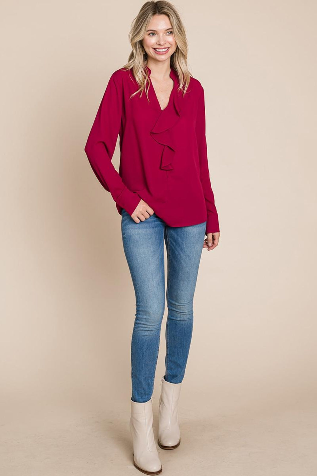 Ruffled V Neck Long Sleeve Blouse Tops