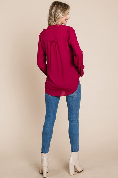 Ruffled V Neck Long Sleeve Blouse Tops