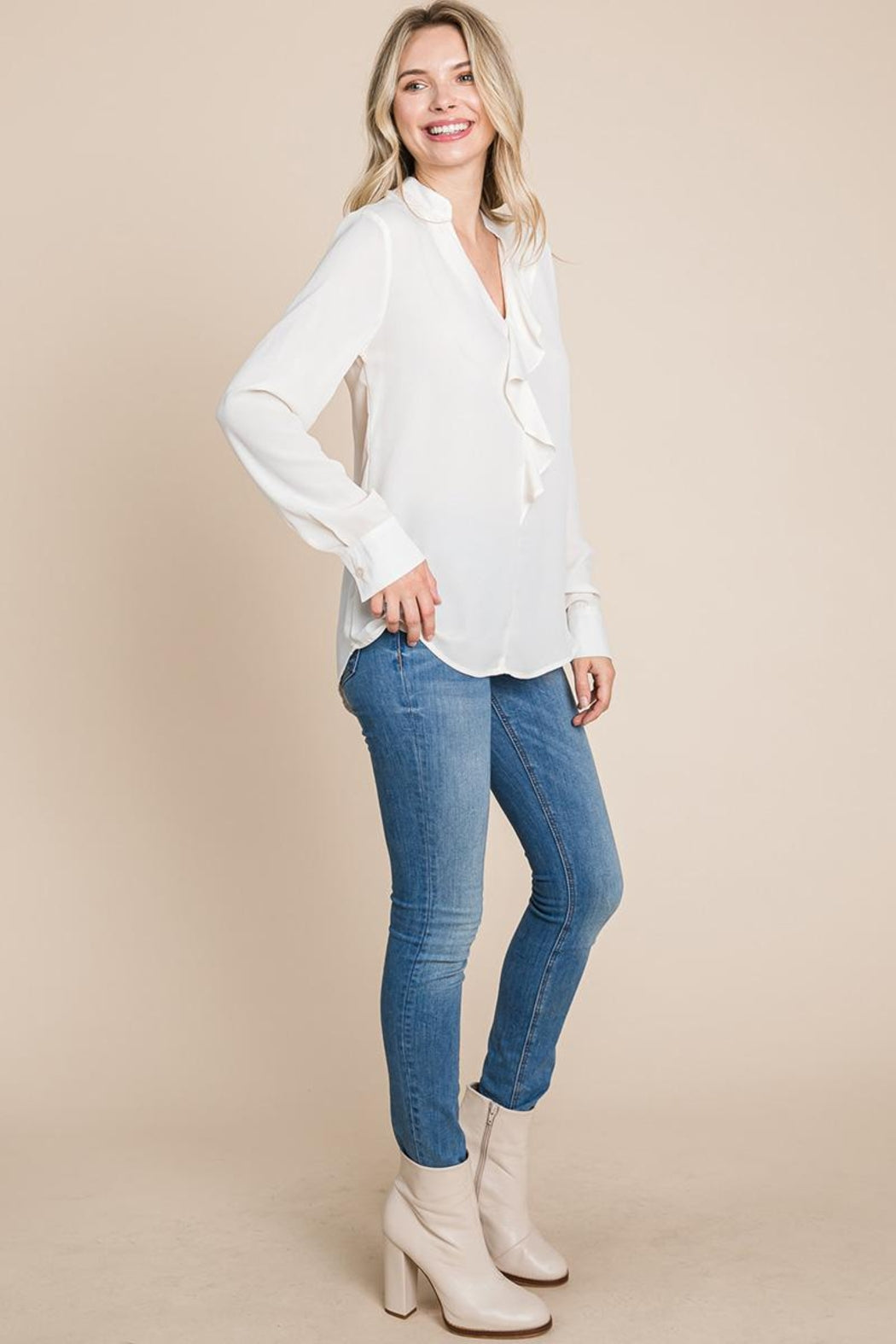 Ruffled V Neck Long Sleeve Blouse Tops