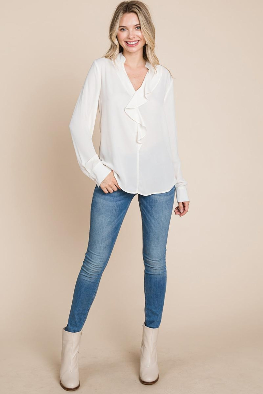 Ruffled V Neck Long Sleeve Blouse Tops