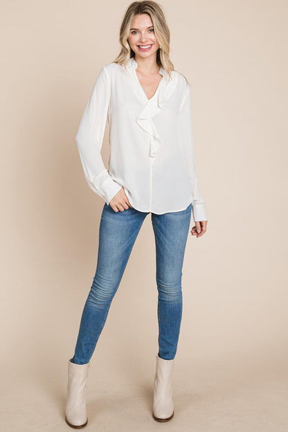 Ruffled V Neck Long Sleeve Blouse Tops