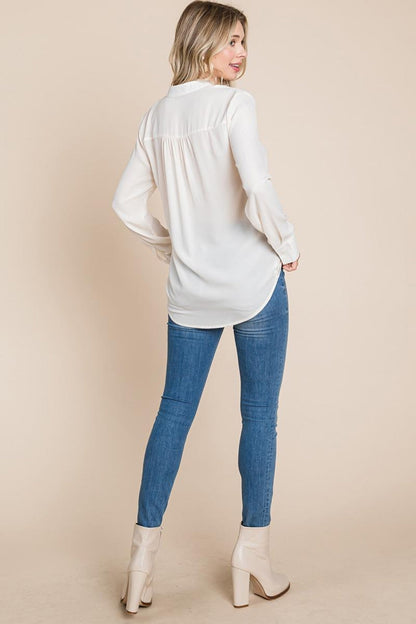 Ruffled V Neck Long Sleeve Blouse Tops