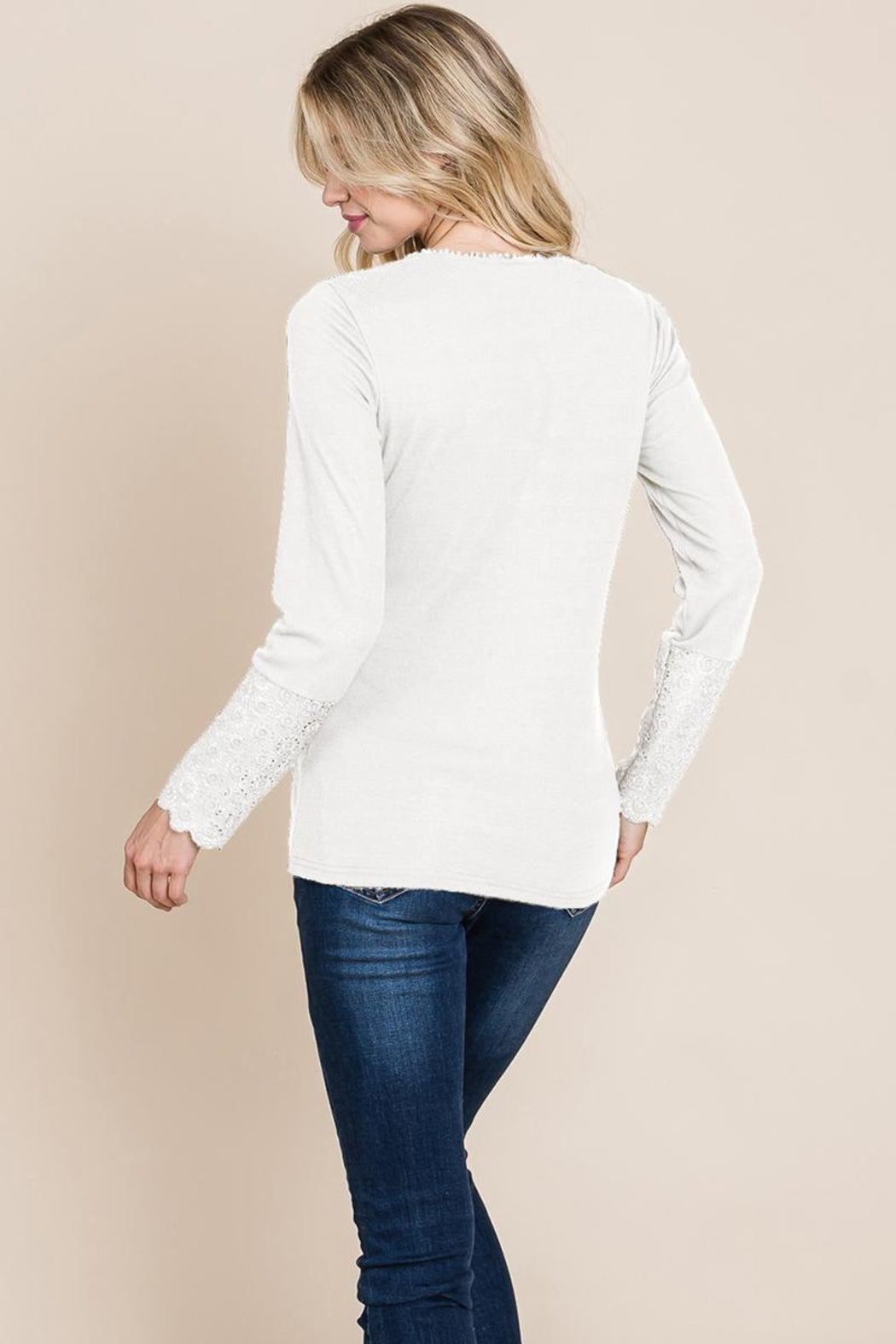 Scalloped Neck Button Placket Lace Sleeve Top