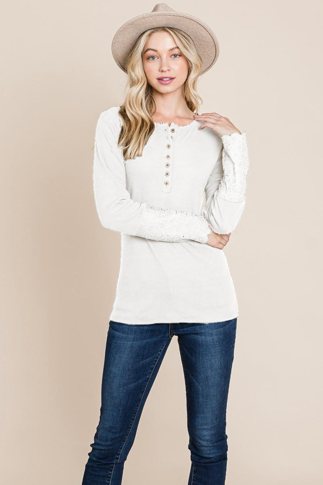 Scalloped Neck Button Placket Lace Sleeve Top