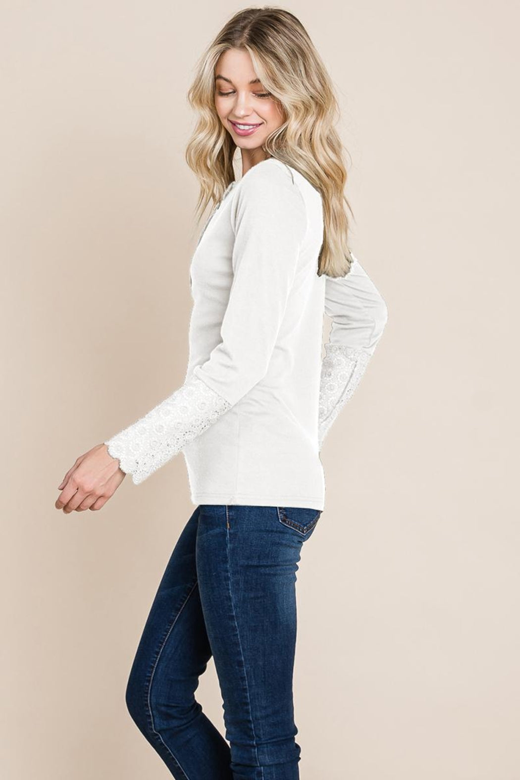 Scalloped Neck Button Placket Lace Sleeve Top