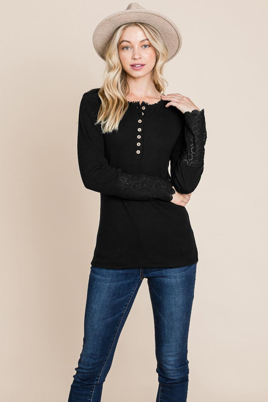 Scalloped Neck Button Placket Lace Sleeve Top