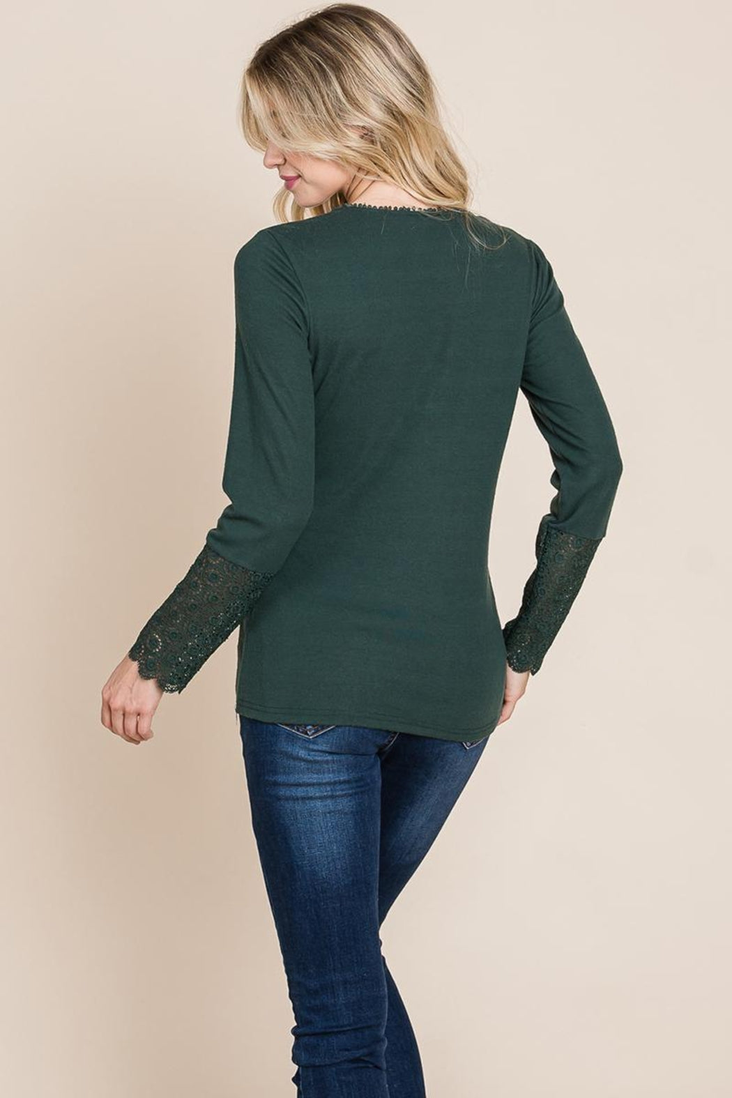 Scalloped Neck Button Placket Lace Sleeve Top