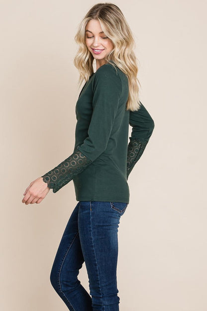 Scalloped Neck Button Placket Lace Sleeve Top