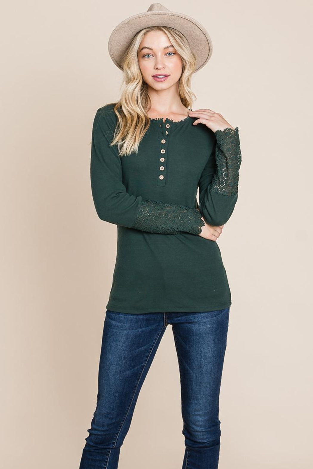 Scalloped Neck Button Placket Lace Sleeve Top