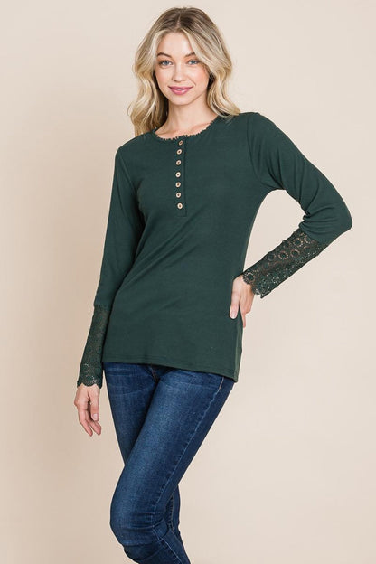 Scalloped Neck Button Placket Lace Sleeve Top