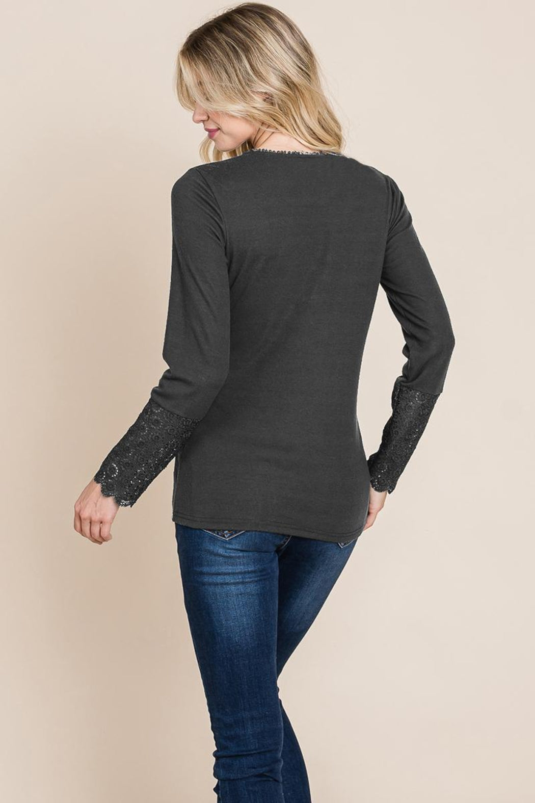 Scalloped Neck Button Placket Lace Sleeve Top