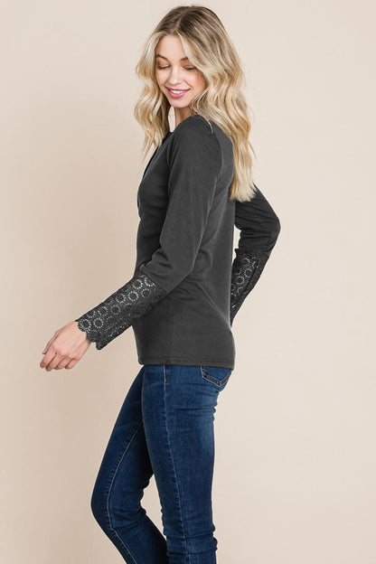 Scalloped Neck Button Placket Lace Sleeve Top