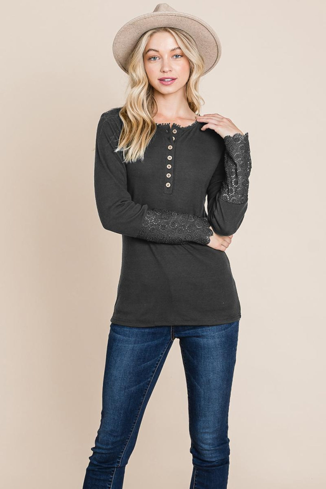 Scalloped Neck Button Placket Lace Sleeve Top