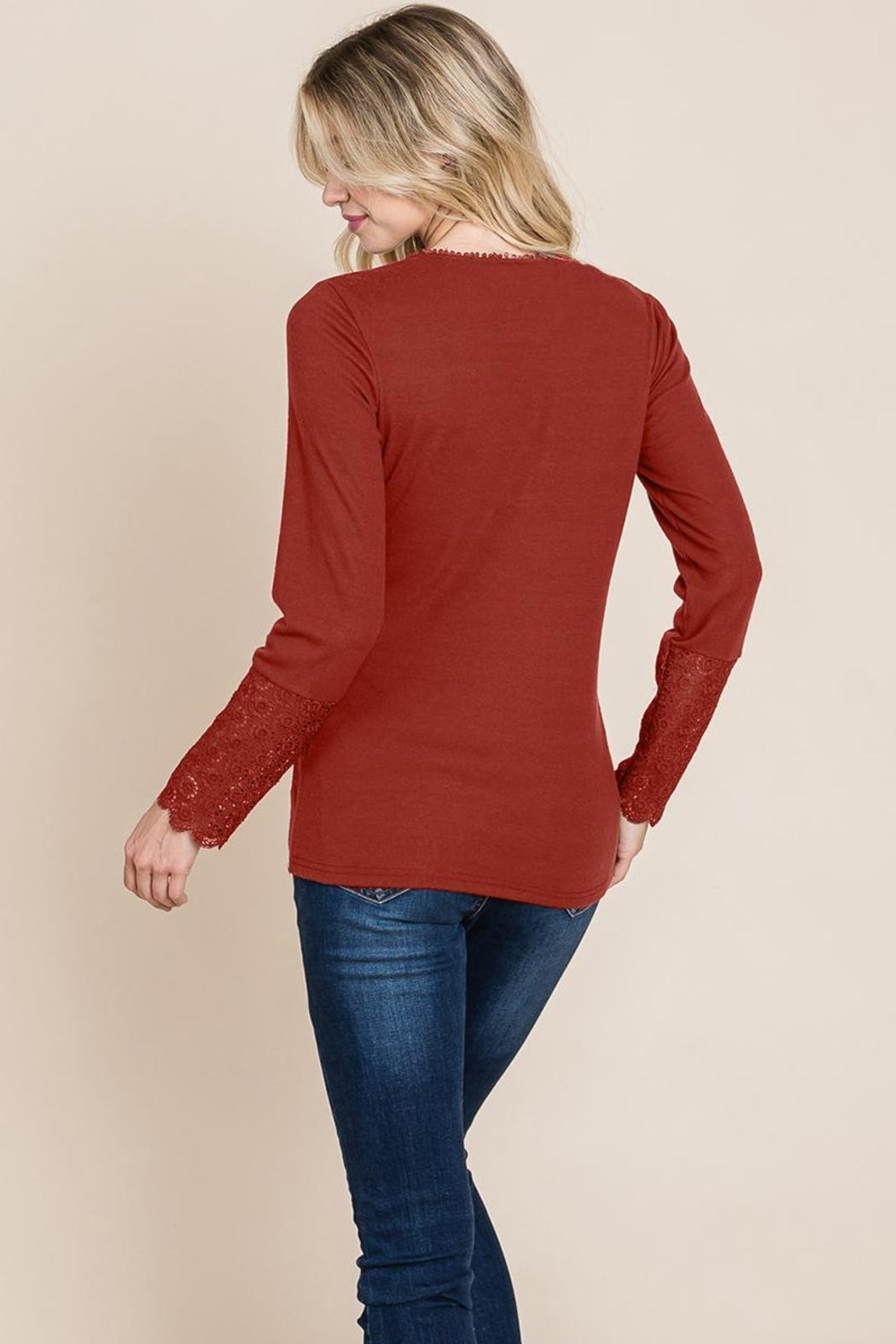Scalloped Neck Button Placket Lace Sleeve Top