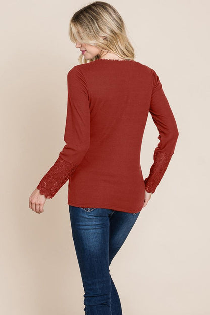 Scalloped Neck Button Placket Lace Sleeve Top