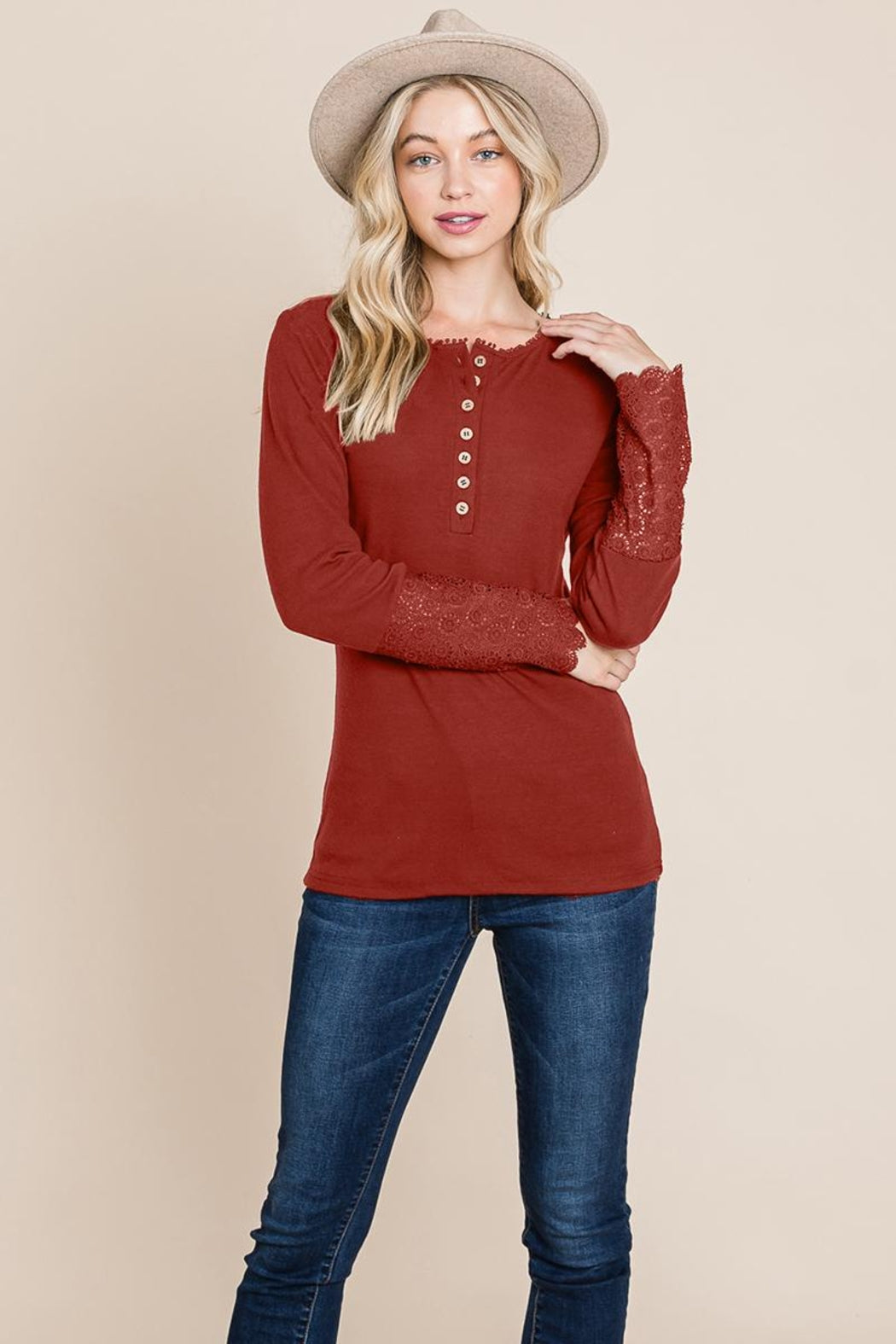 Scalloped Neck Button Placket Lace Sleeve Top
