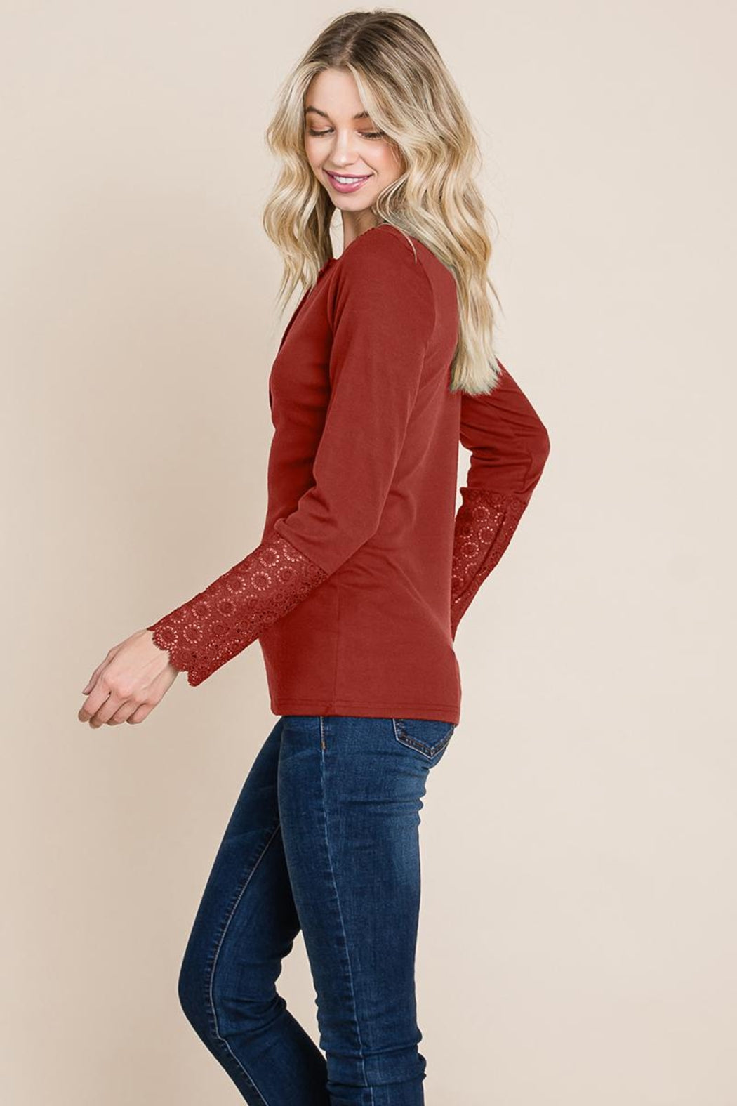Scalloped Neck Button Placket Lace Sleeve Top