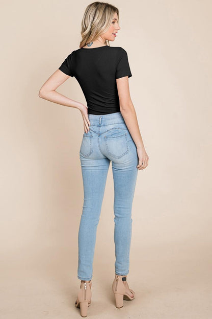 Short Sleeve Scoop Neck Ribbed Henley Bodysuit