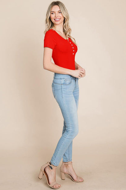 Short Sleeve Scoop Neck Ribbed Henley Bodysuit