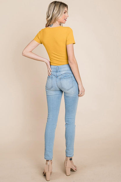 Short Sleeve Scoop Neck Ribbed Henley Bodysuit
