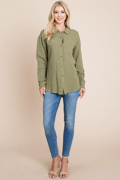 Textured Cotton Raw Edge Gauze Blouse Tops Shirts
