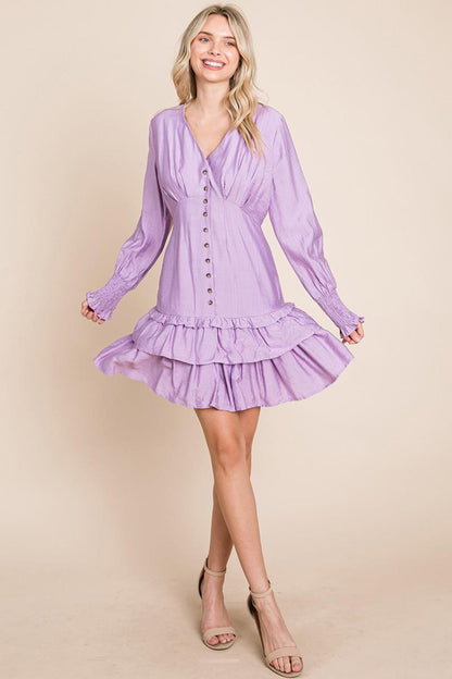 Tiered Hem Button Down Smocked Sleeve Dress