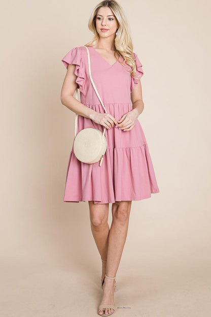 Tiered Ruffle Hem And Sleeve Cotton Dress