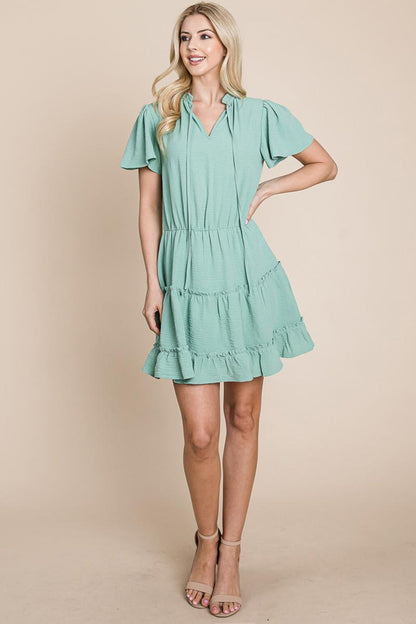 Tiered Tie V Neck Flutter Sleeve Flowy Tunic Dress