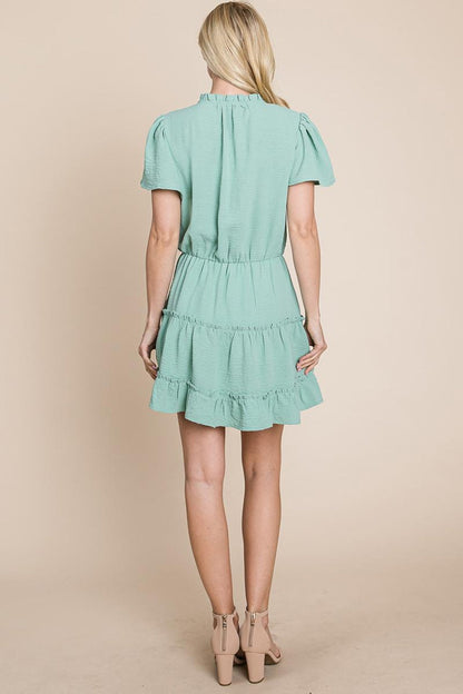 Tiered Tie V Neck Flutter Sleeve Flowy Tunic Dress