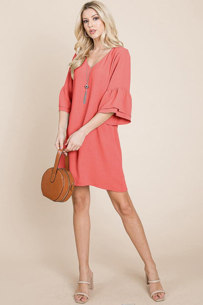 V Neck Flounce Ruffle Sleeve Tunic Shift Dress