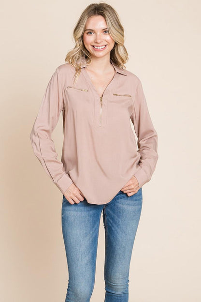V Neck Front Zip Up Long Sleeve Top