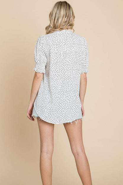 V Neck Polka Dot Short Smocked Sleeve Blouse