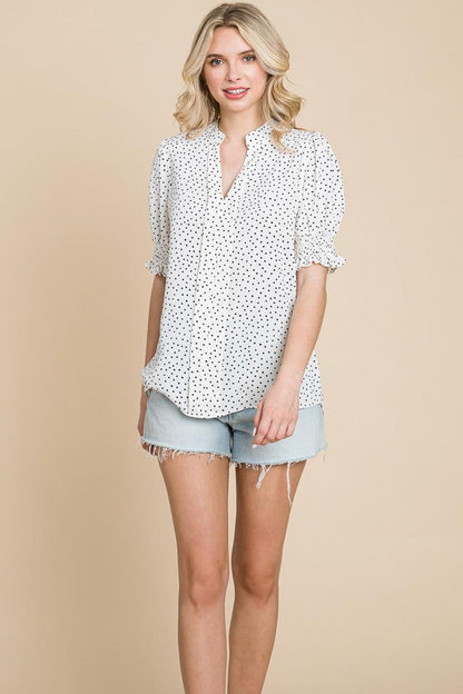 V Neck Polka Dot Short Smocked Sleeve Blouse