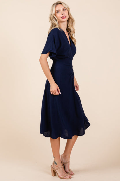 V Neck Short Sleeve Ruched Midi Dress