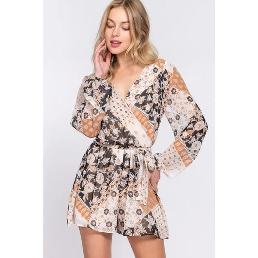 Black and Camel Long Sleeve V-Neck Surplice Belted Print Woven Romper