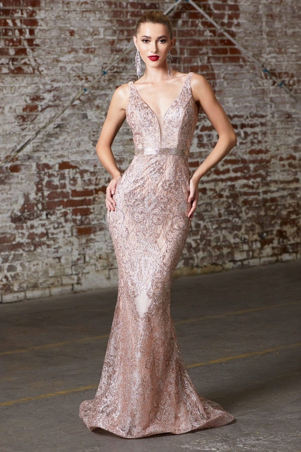 Rose Gold Glitter Print Long Formal Dress