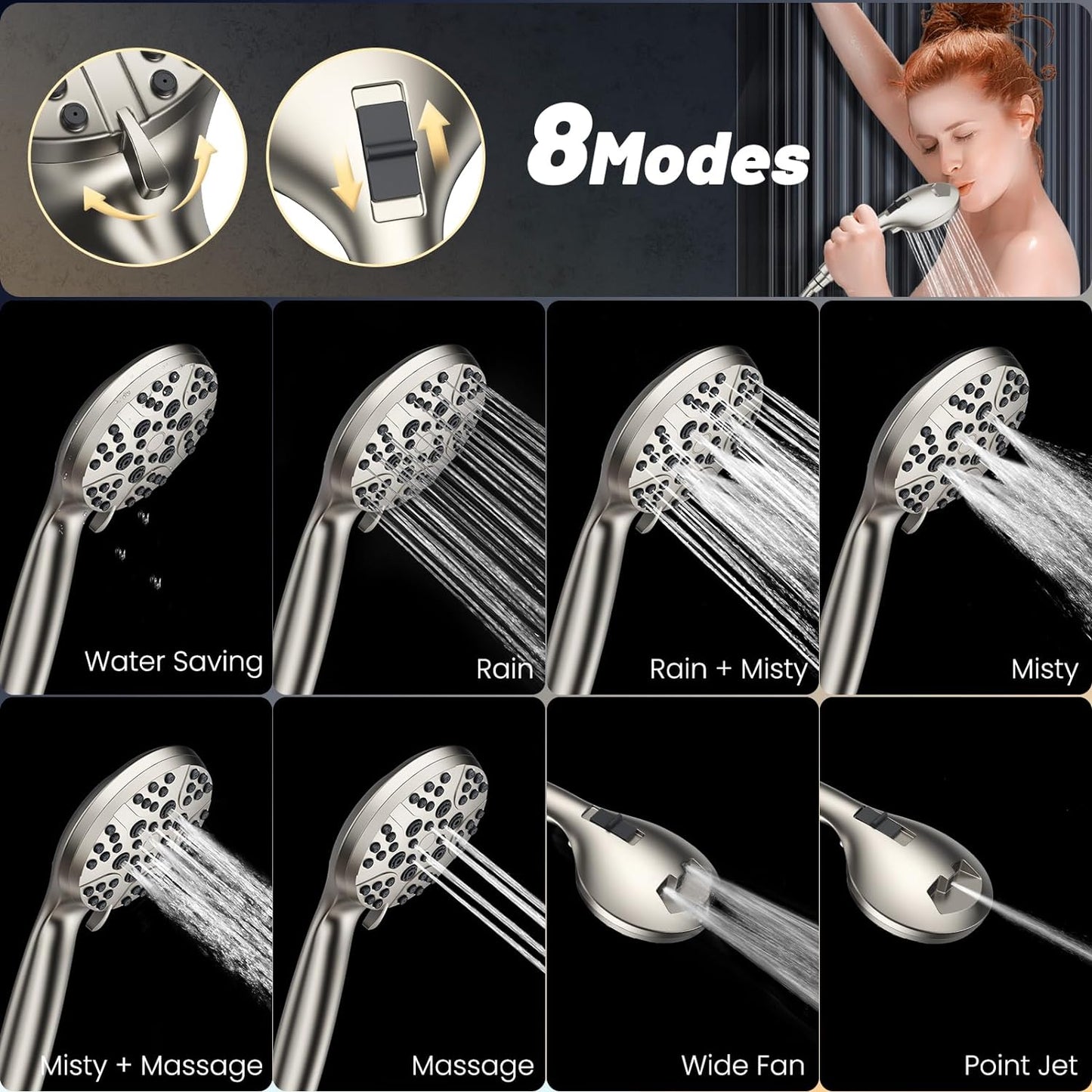 High Pressure 8-Mode Handheld Shower Head  with 80" Extra Long Stainless Steel Hose with Built-in Power Wash to Clean Tub, Tile & Pets