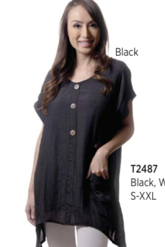 Short sleeve shirt with faux front buttons
