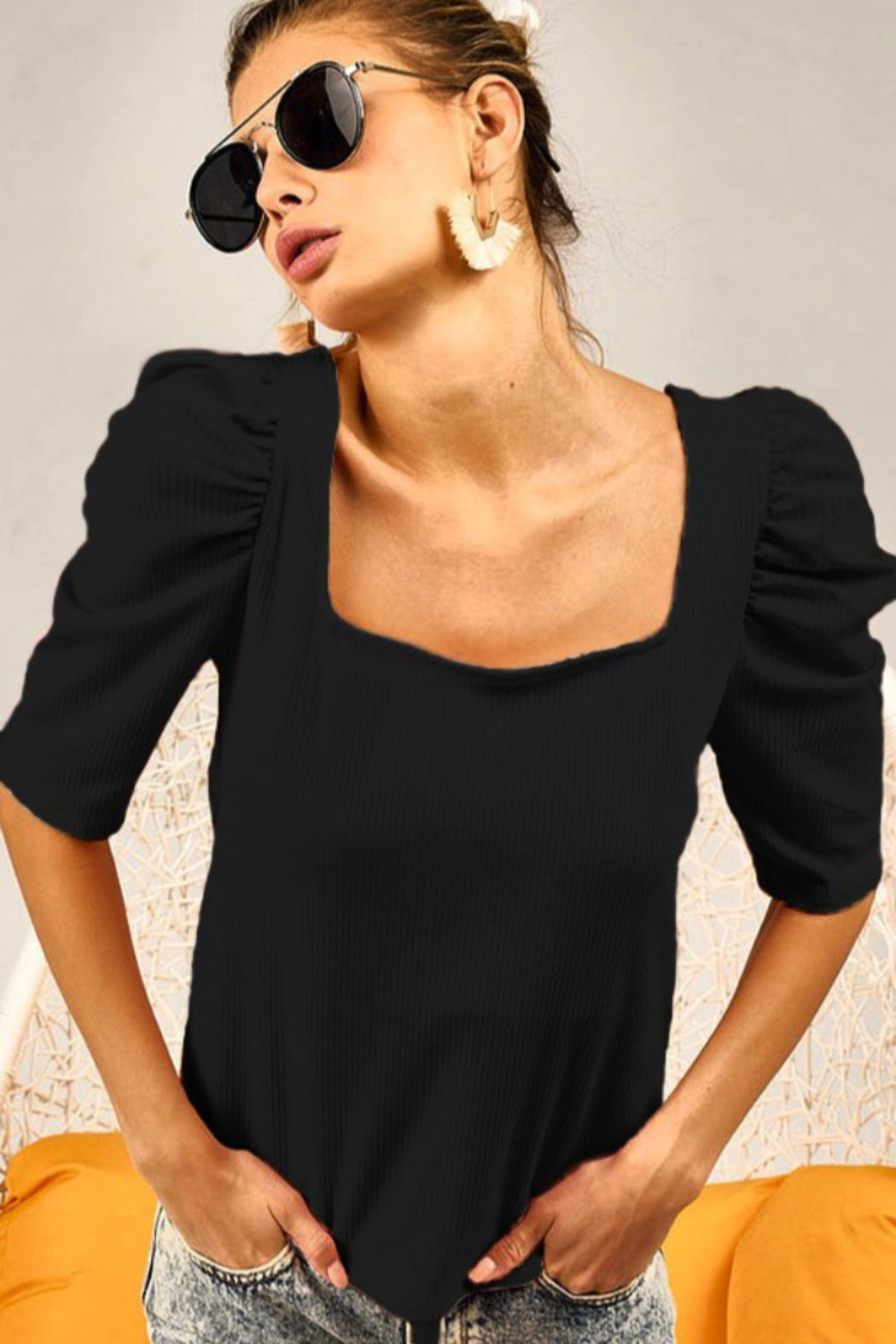 Square Neck Top with Puff Sleeves