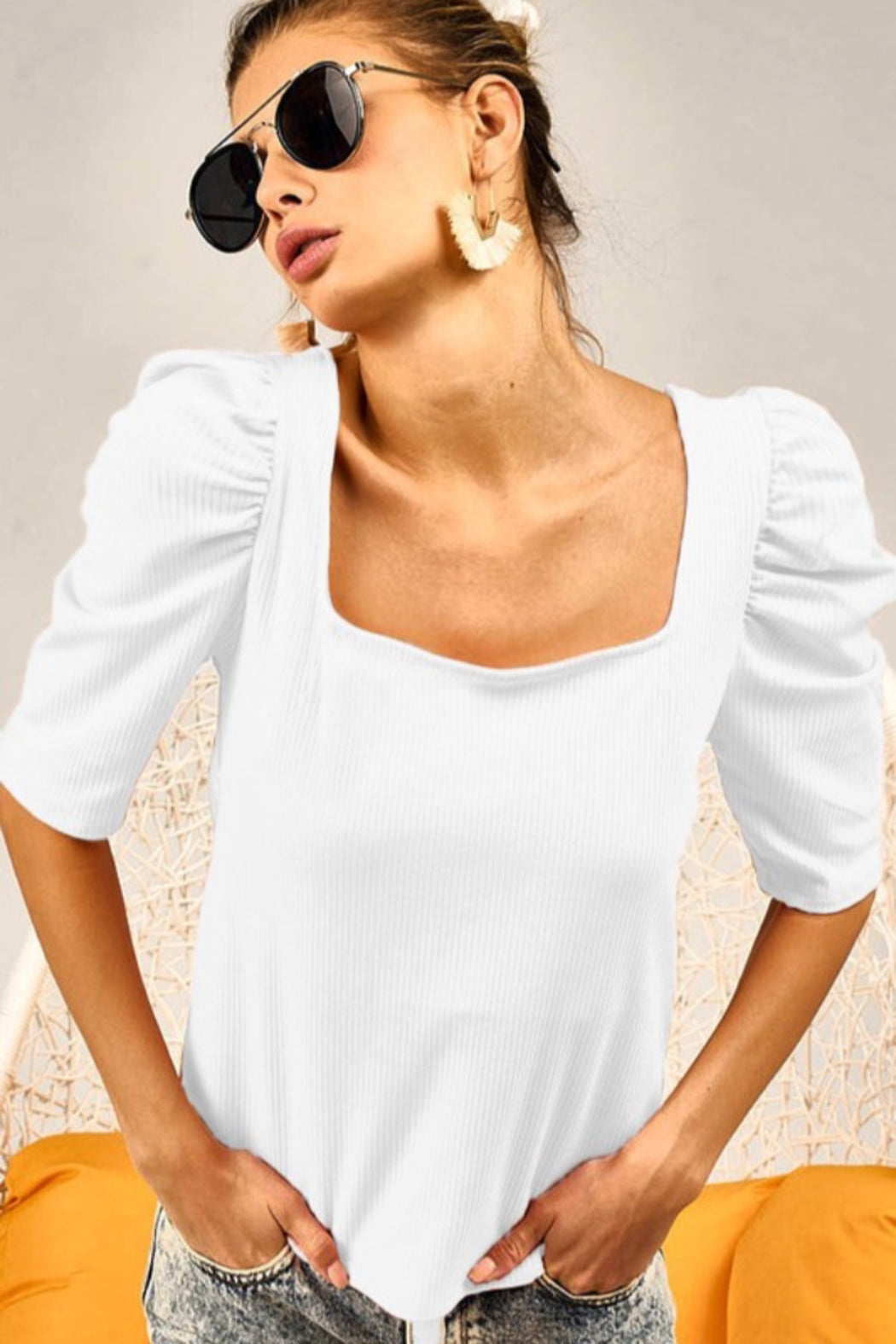 Square Neck Top with Puff Sleeves