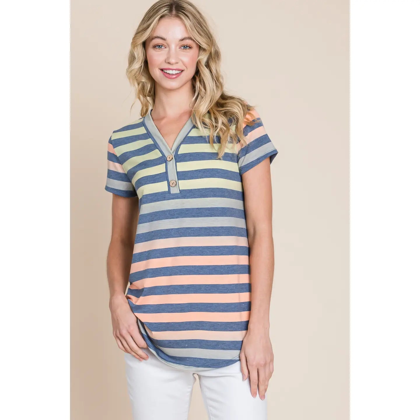 Women's Tshirt Button V-Neck Stripe Top