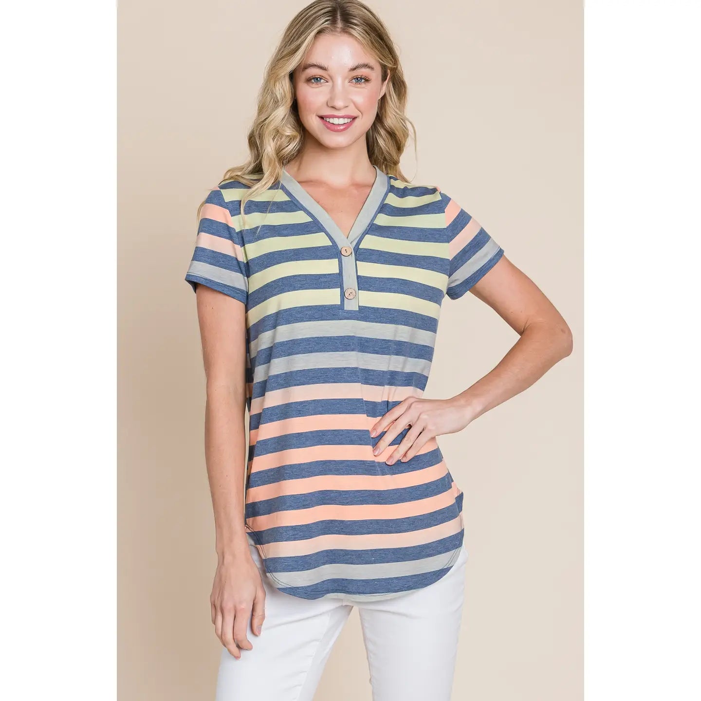 Women's Tshirt Button V-Neck Stripe Top