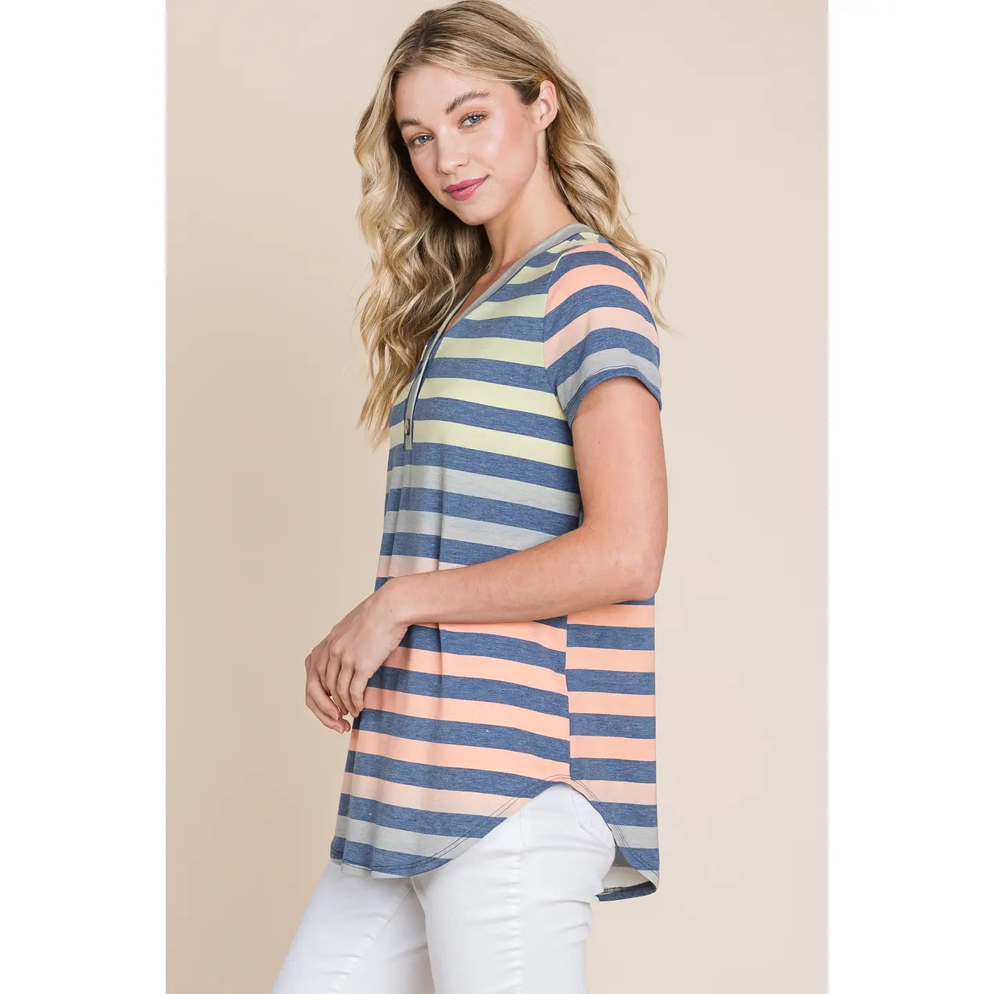 Women's Tshirt Button V-Neck Stripe Top